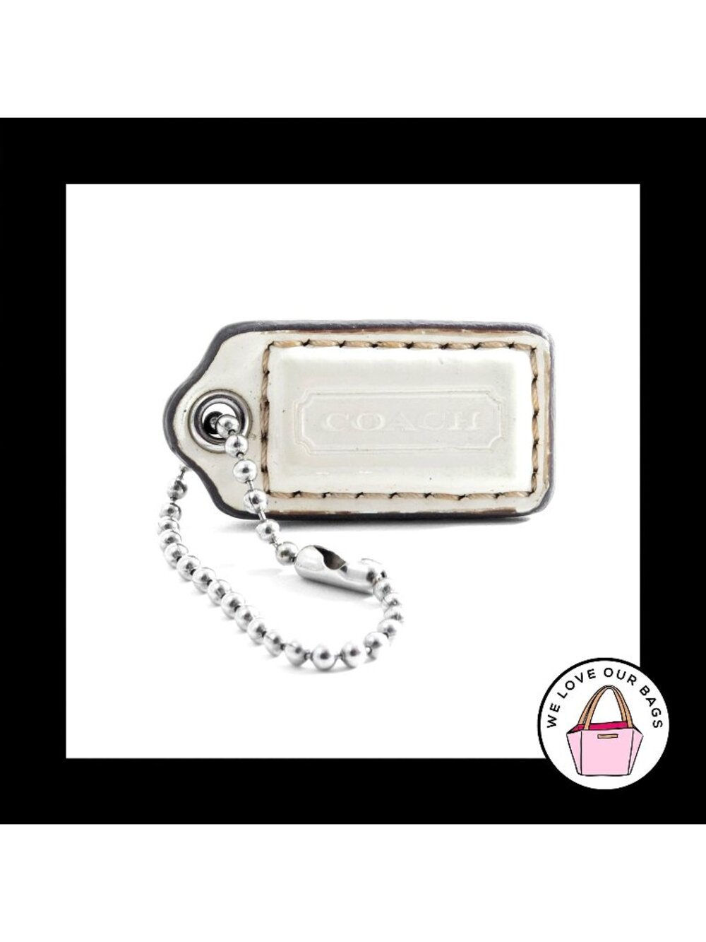 1.5" Small COACH White PATENT LEATHER Nickel Key Fob Bag Charm Keychain Hang Tag